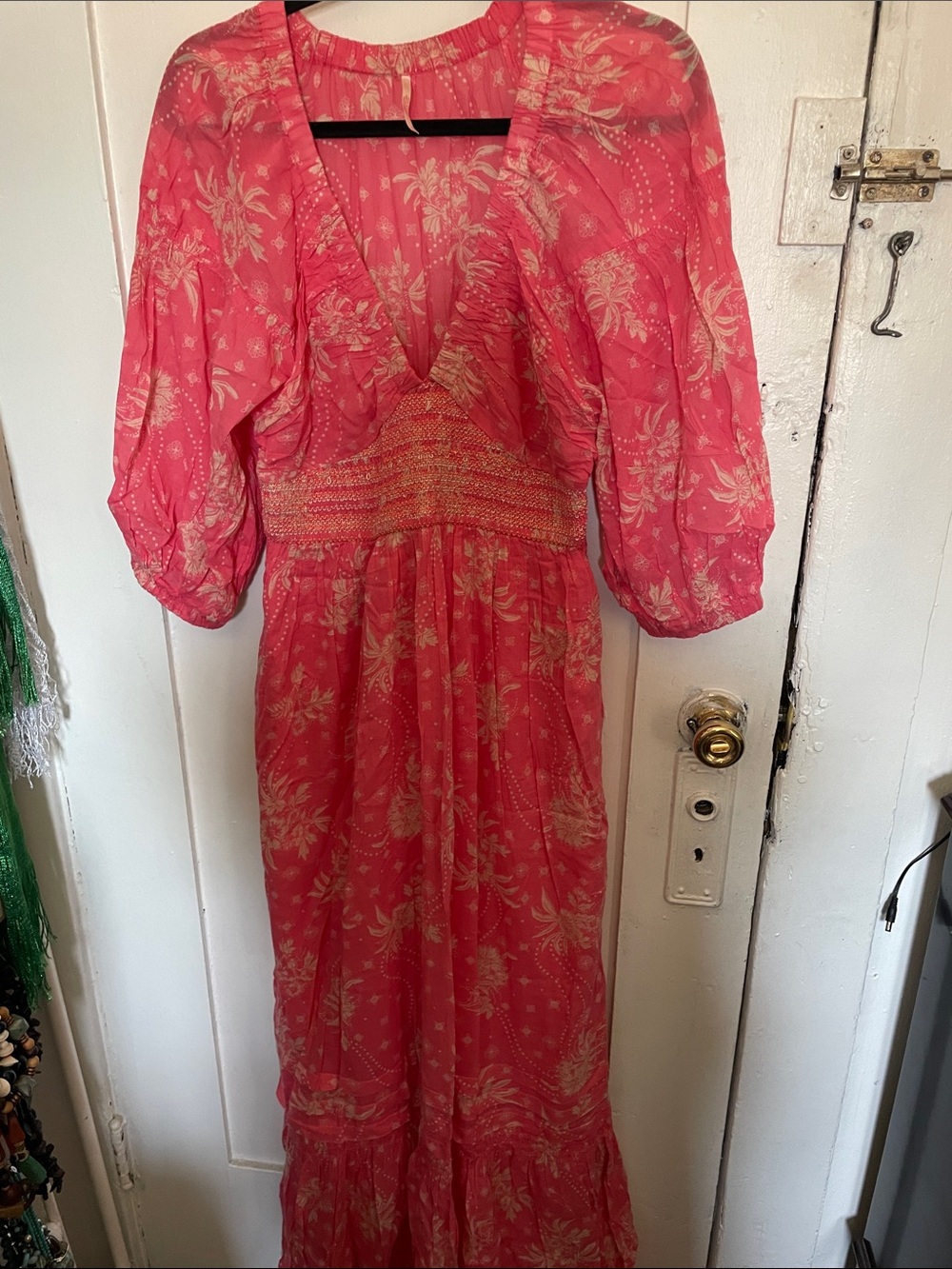 Free People Coral Floral V-Neck Smocked Maxi Dress